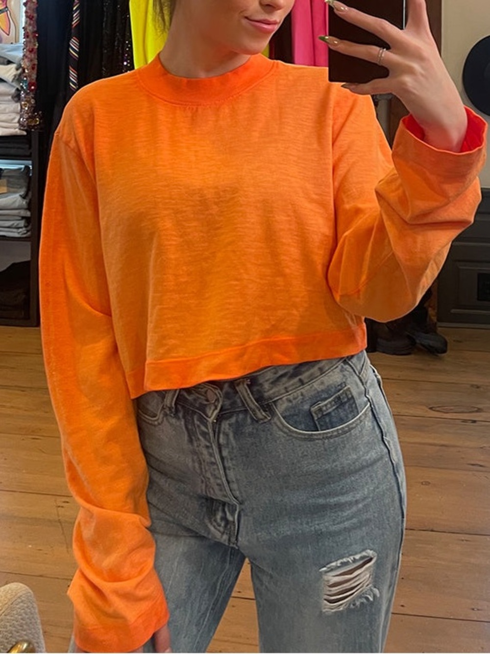 Cotton Citizen Tokyo Cropped Long-Sleeve Tee Top Orange Oversized NWT Sz Lg